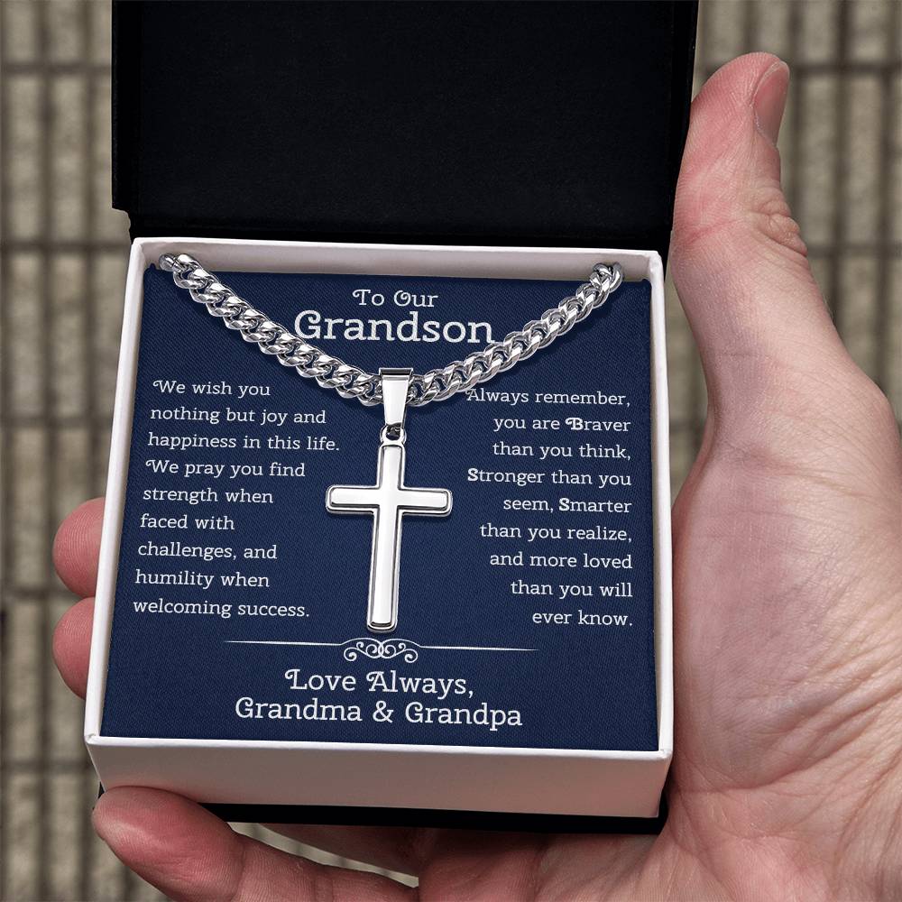 To Our Grandson Gift from Grandma and Grandpa • To Our Grandson Necklace • Cuban Chain With Artisan Cross Necklace