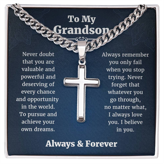 Grandson Birthday Gifts From Grandma • Present For Grandson From Grandmother • Grandson Cuban Chain With Artisan Cross Necklace From Grandparents