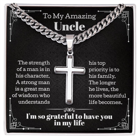 Cuban Chain with Artisan Cross Necklace for Uncle, Birthday Gifts for Uncle, Personalized Cross Necklace, Appreciation Necklace from Nephew or Niece