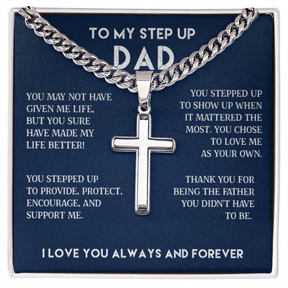 To my Step Dad Up Necklace Gift, Cuban Chain with Artisan Cross Necklace