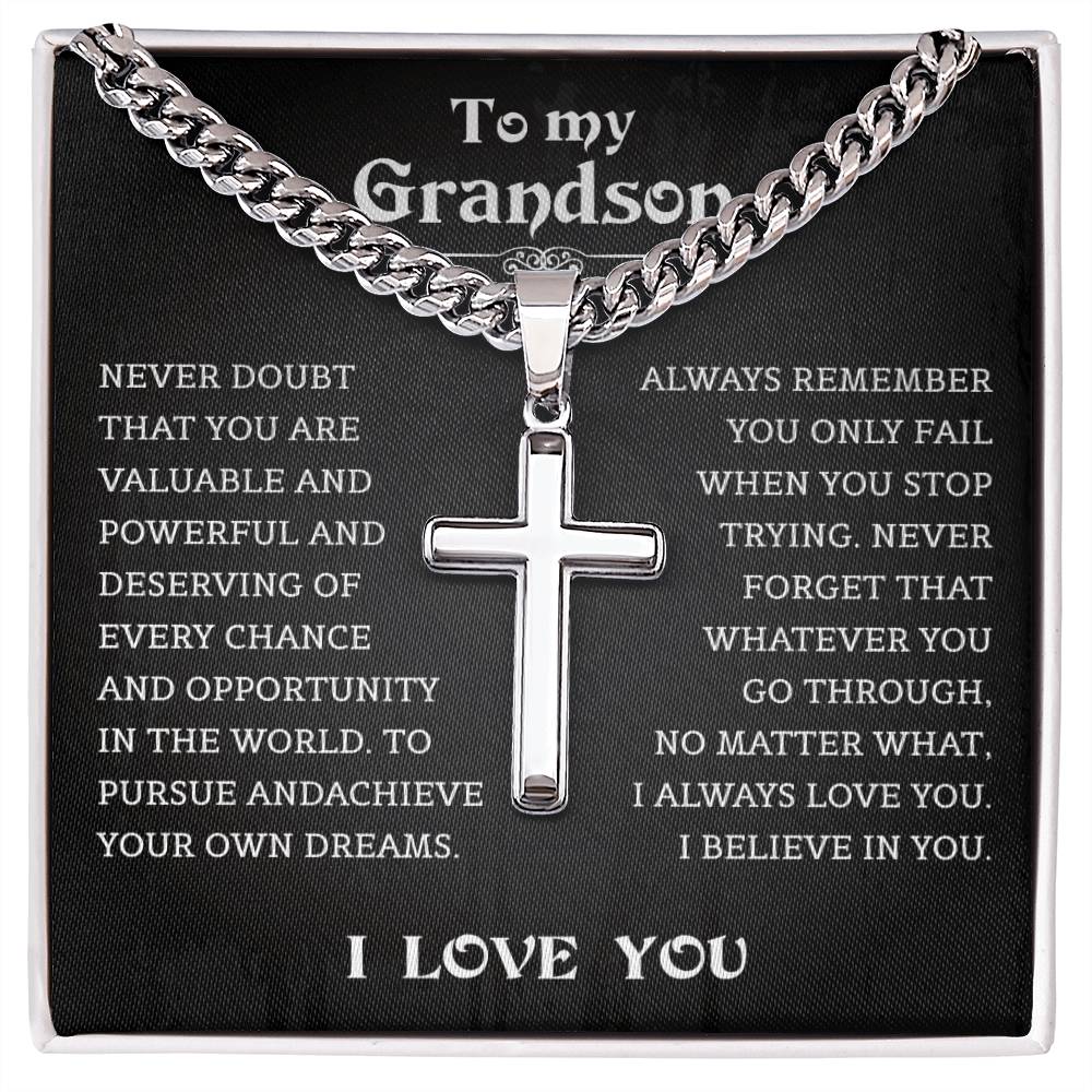Grandson Cuban Chain With Artisan Cross Necklace, Heartfelt Jewelry Card, Meaningful Birthday Gift, Christmas Gift Grandson