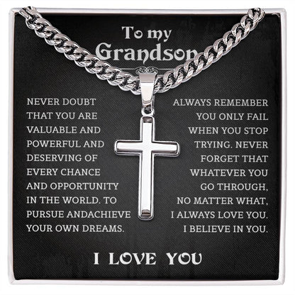 Grandson Cuban Chain With Artisan Cross Necklace, Heartfelt Jewelry Card, Meaningful Birthday Gift, Christmas Gift Grandson