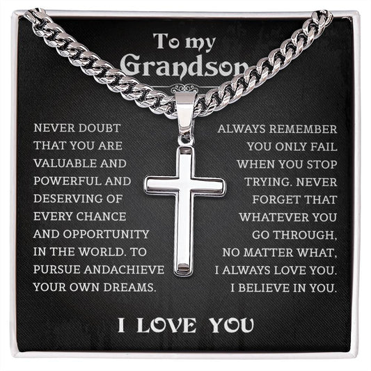Grandson Cuban Chain With Artisan Cross Necklace, Heartfelt Jewelry Card, Meaningful Birthday Gift, Christmas Gift Grandson