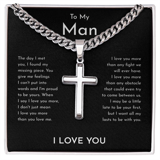 To My Man Cuban Chain With Artisan Cross Necklace, I Love You