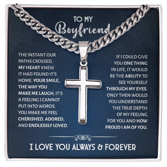 Boyfriend Gifts Cuban Chain With Artisan Cross Necklace Boyfriend Jewelry Fathers Valentines Day Gifts for Boyfriend Him Anniversary Religious Christmas Gifts