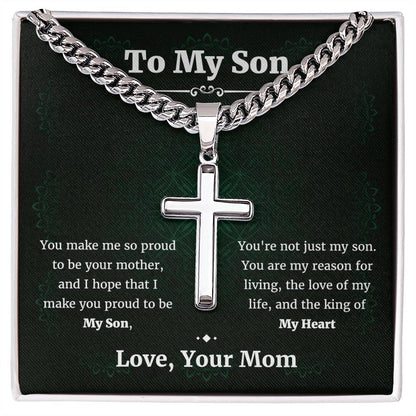 To My Son Cuban Chain with Artisan Cross Necklace • Son Gifts from Mom • Mother to Son Gifts • Gifts for Son Birthday • Unique Gift for Son from Mother