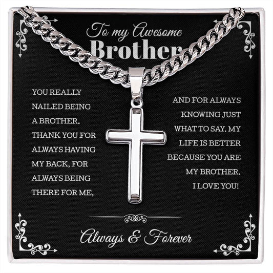 To My Brother Cuban Chain with Artisan Cross Necklace, Birthday Gift, Valentine's Day Gift, Christmas Gift, With Blessing Card And Gift Box