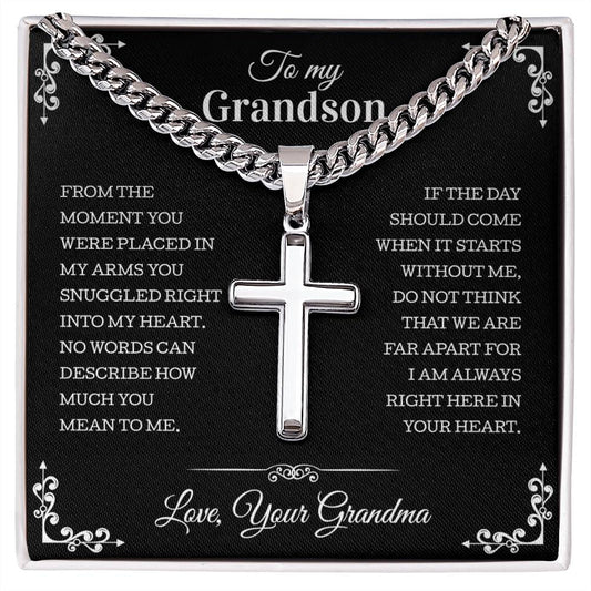 Grandson Gift from Grandma, Grandson Cuban Chain With Artisan Cross Necklace, Meaningful Gift for Grandson