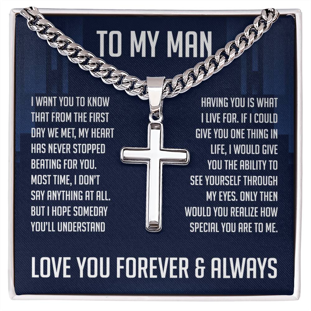 To My Man Cuban Chain With Artisan Cross Necklace, Gifts For Boyfriend From Girlfriend, Gift For Husband From Wife