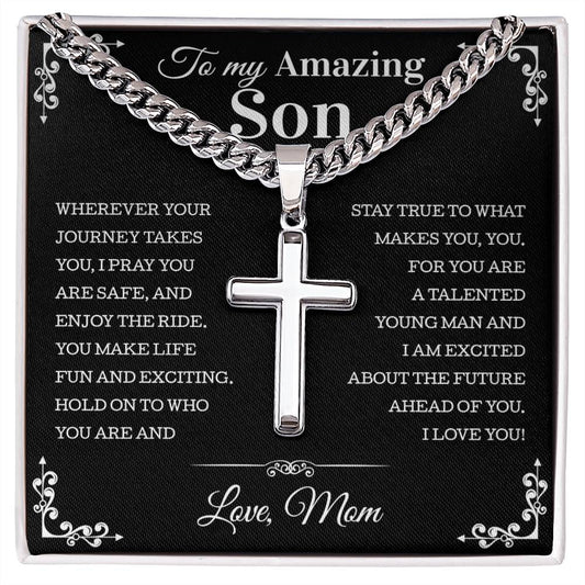 To My Son From Mom Necklace, Mother Son Necklace, Son Jewelry, Gifts for Son From Mom, Christmas Gift for Son, Cuban Chain With Artisan Cross Necklace