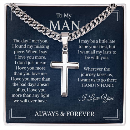 To My Man Gift, Cross Necklace for Men, Cuban Chain Pendant Necklace, for Husband, Boyfriend, Soulmate, Men's Christmas Gift, Wedding Gift