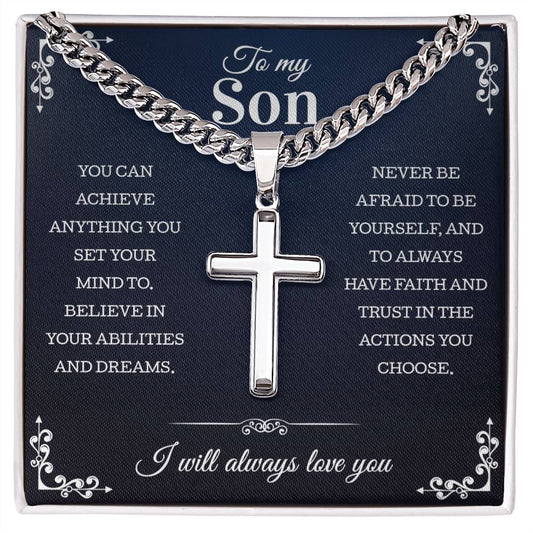 Gift For Son | Cuban Chain with Artisan Cross Necklace Perfect From Mom Dad | Personalized Gift For Son | Birthday Christmas Graduation Gift For Son