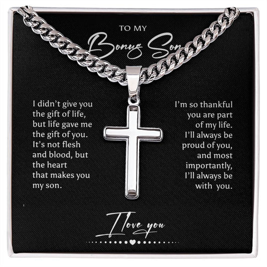 To My Bonus Son Cuban Chain with Artisan Cross Necklace, Step Son Gift, Christmas Gift For Bonus Son, Adopted Son Gift, Stepchild Gifts