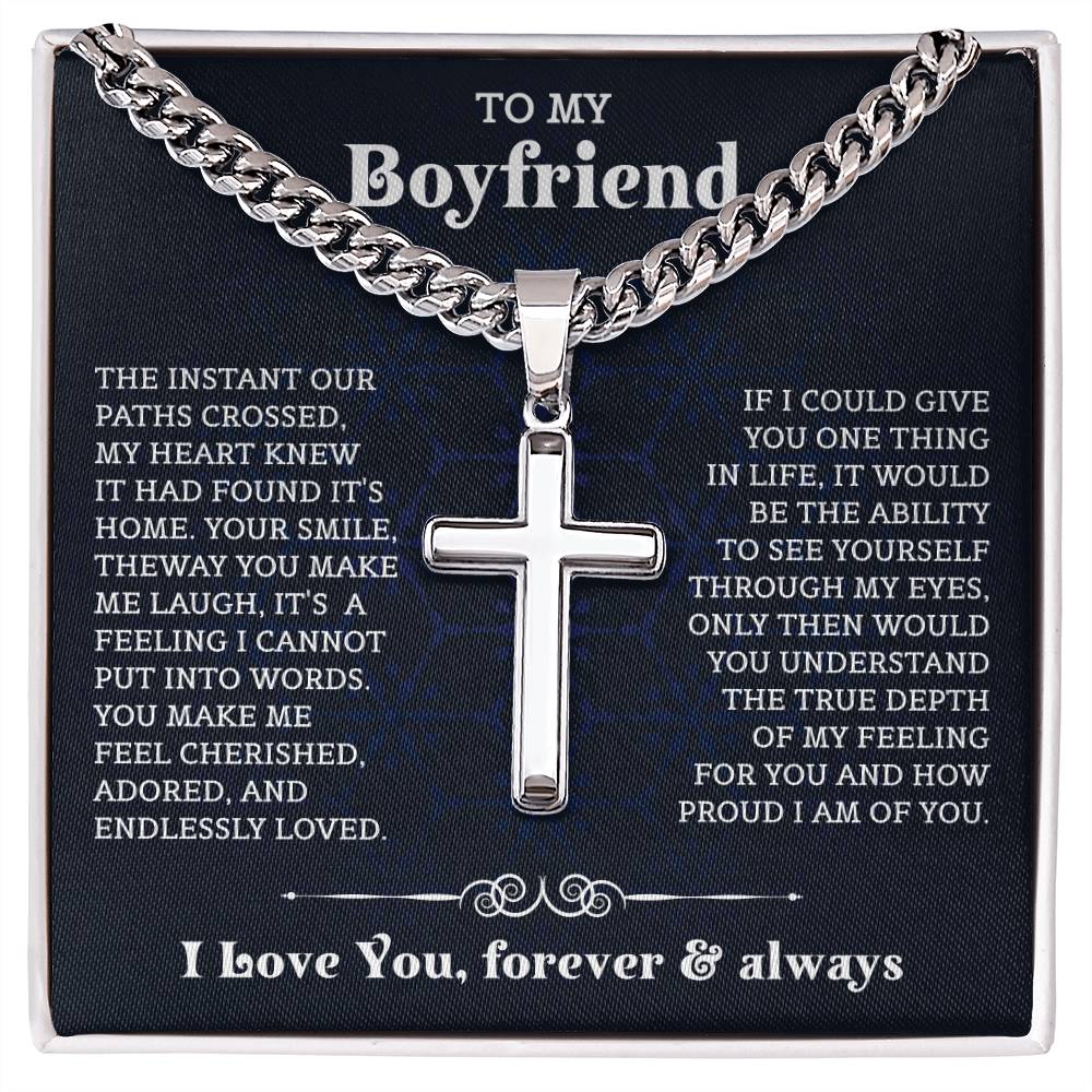 To My Boyfriend Cuban Chain with Cross Necklace , Gift For Boyfriend, Boyfriend Christmas Gift, Birthday Gift, Anniversary Gift For Him