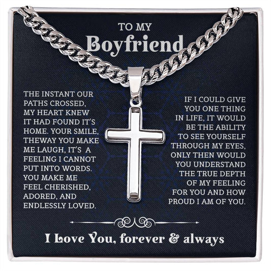 To My Boyfriend Cuban Chain with Cross Necklace , Gift For Boyfriend, Boyfriend Christmas Gift, Birthday Gift, Anniversary Gift For Him