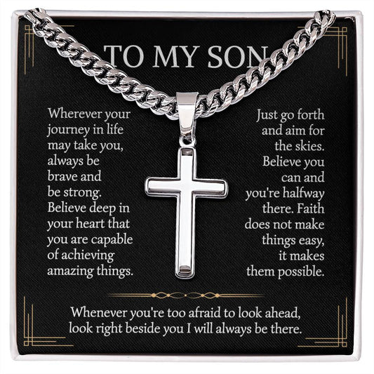 Son Gifts From Mom and Dad, Mother and Son Necklace, Birthday Gift For My Son Graduation Christmas Cuban Chain with Artisan Cross Necklace