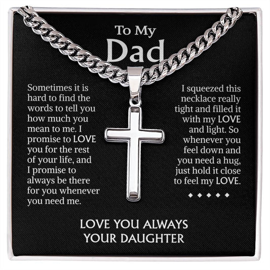 Dad Gifts From Daughter • Father's Day Gift Necklace • Gift Christmas Birthday For Dad Necklace • Cuban Chain With Artisan  Cross Necklace