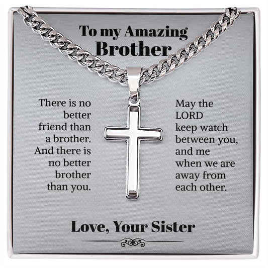 My Amazing Brother Cuban Chain With Artisan Cross Necklace Gifts For Brother From Sister Brother With Message Card Birthday Gift