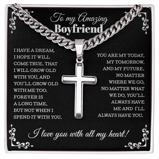 Gift for Boyfriend, Cuban Chain With Artisan Cross Necklace from Girlfriend, Boyfriend Anniversary Christmas Jewelry