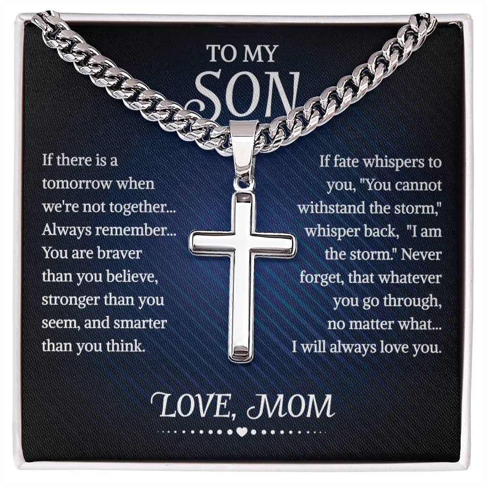 To My Son Cuban Chain With Artisan Cross Necklace From Mom, With Message Card And Gift Box, Necklaces For Birthday, Anniversary, Christmas Gift