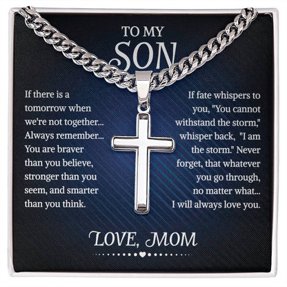 To My Son Cuban Chain With Artisan Cross Necklace From Mom, With Message Card And Gift Box, Necklaces For Birthday, Anniversary, Christmas Gift