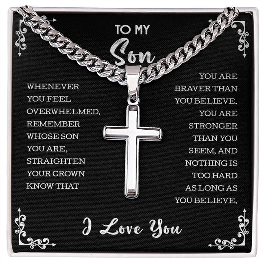To My Son Cuban Chain with Artisan Necklace, Son Necklace, Son Jewelry, Gifts For Son From Mom Dad, Cross Necklace For Men Boys, Christmas Gift Son