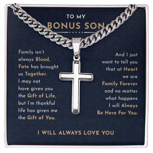 Gift For Bonus Son Cuban Chain with Artisan Cross Necklace From Mom , Bonus Son Necklaces Gifts , Birthday Gift for Bonus Son , Stepson Christmas Gift , Adopted Son Gift with Message Card and Box Adjustable Cord