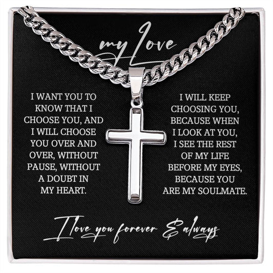 To My Man Cuban Chain with Artisan Cross Necklace Gift For Him, Gift For Husband, Jewelry Gift for Men, Boyfriend Birthday, Anniversary Gift For Men