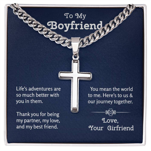 Gift for Boyfriend | Cuban Chain With Artisan  Cross Necklace from Girlfriend | Boyfriend Anniversary Jewelry