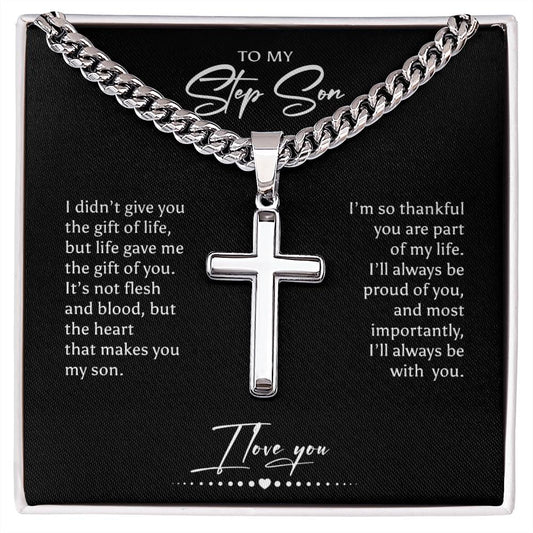 Step Son Gift Cross Necklace Cuban Chain, Christmas, Birthday, Graduation Gift for Step Son, Bonus Son Gift, Stepson Gift, Step Son Jewelry, Best Step Son