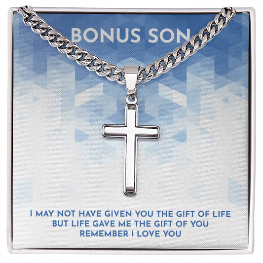To My Bonus Son Cuban Chain with Artisan Cross Necklace, Inspirational Gift For Stepson, Unique Grown Up