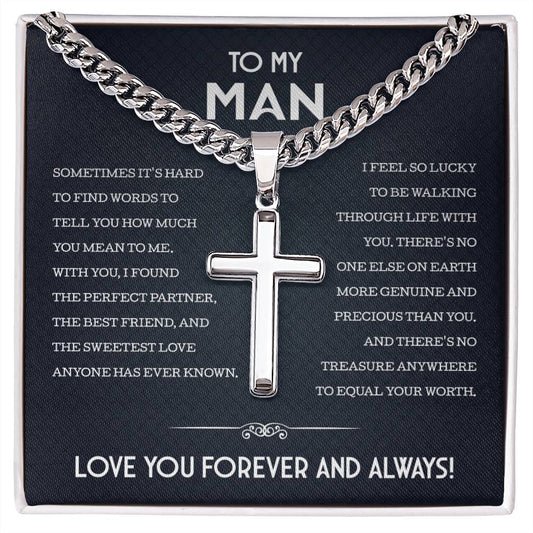 My Man Cuban Chain With Artisan Cross Necklace, Gifts For Boyfriend From Girlfriend, Gifts For Husband From Wife