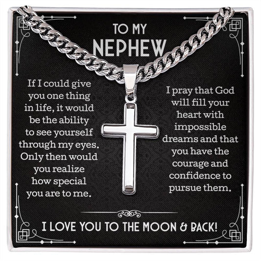 To My Nephew Cuban Chain with Artisan Cross Necklace • Nephew Gift for Men • Message Card Nephew Jewelry • Necklace for Nephew for Birthday Christmas