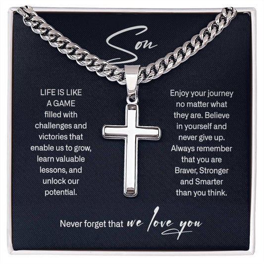 Son Cuban Chain With Artisan Cross Necklace Gift Set From Mom Dad, Gift for Son, Message Necklace for Men, Birthday Gift for Him, Graduation Gift