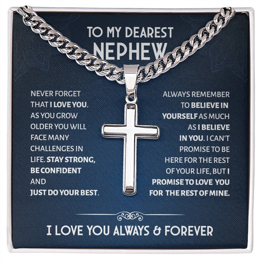 To My Dearest Nephew Cuba Chain With Artisan Cross Necklace, Nephew Gift for Men, Message Card Nephew Jewelry, Necklace for Nephew for Birthday