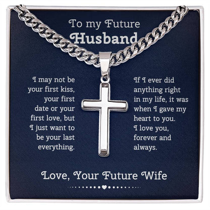 To My Future Husband Cuban Chain with Artisan Cross Necklace Gift Set Cross Necklace with Message Card and Gift Box, Gift for Husband, Husband Gift