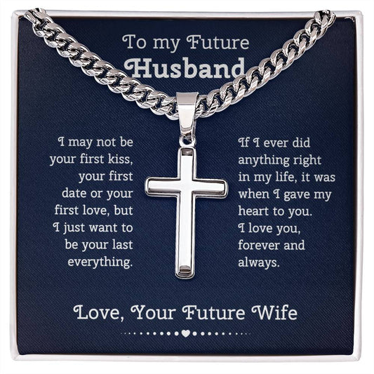 To My Future Husband Cuban Chain with Artisan Cross Necklace Gift Set Cross Necklace with Message Card and Gift Box, Gift for Husband, Husband Gift