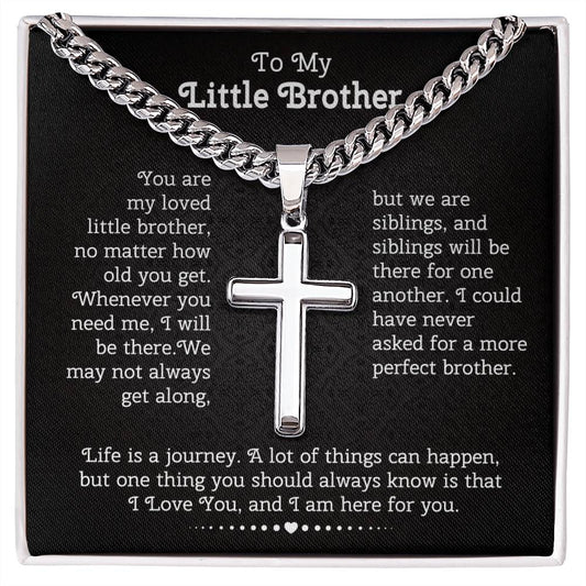 Gift for My Little Brother | Cuban Chain with Artisan Cross Necklace | Necklace With Gift Box