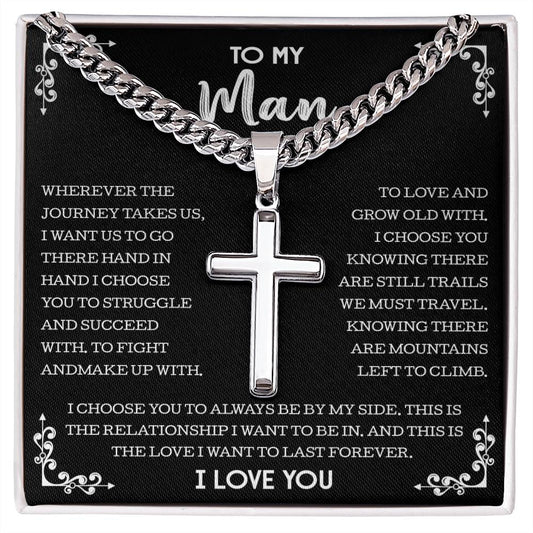 To My Man Cuban Chain with Artisan Cross Necklace, Gift For Boyfriend From Girlfriend, Necklace For Husband From Wife