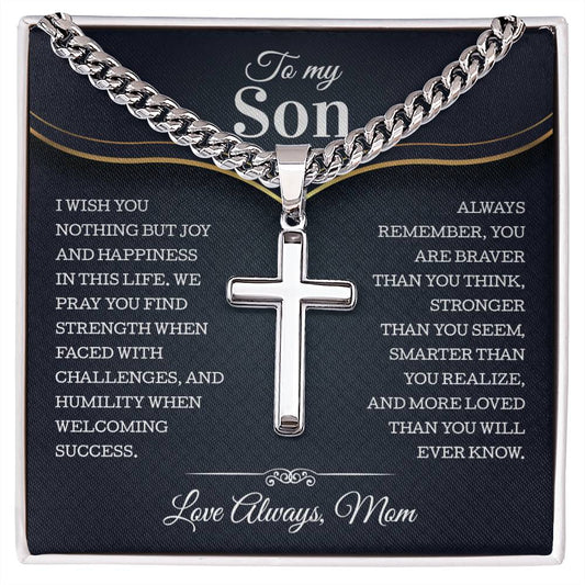 To My Son From Mom, Son Gifts From Mom and Dad, Mother and Son Necklace, Birthday Gift For My Son Christmas Cuban Chain With Artisan Cross Necklace