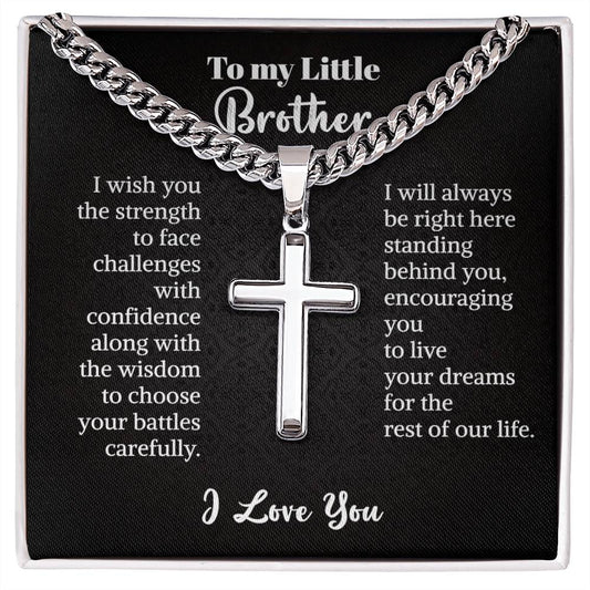 To My Little Brother Cuban Chain With Artisan Cross Necklace, Brother Graduation, Brother Milestone Gift, From Sister, From Brother