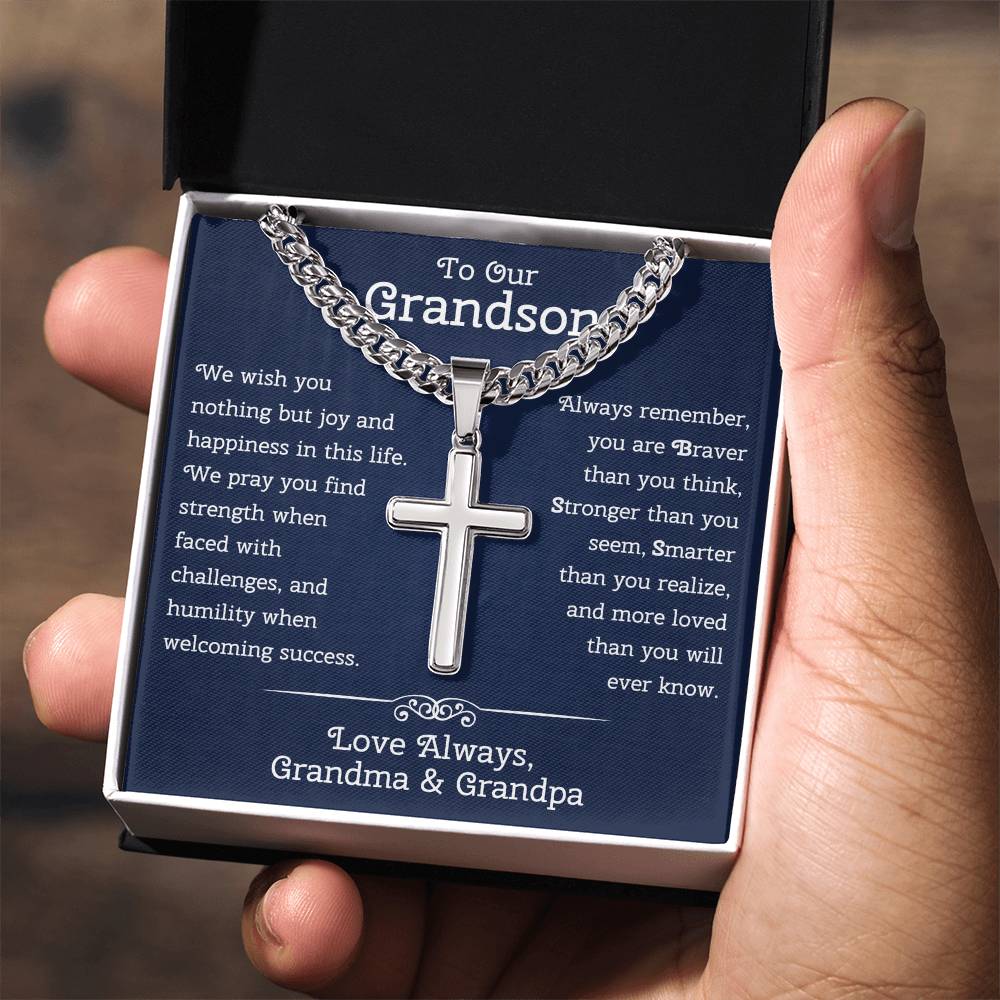 To Our Grandson Gift from Grandma and Grandpa • To Our Grandson Necklace • Cuban Chain With Artisan Cross Necklace