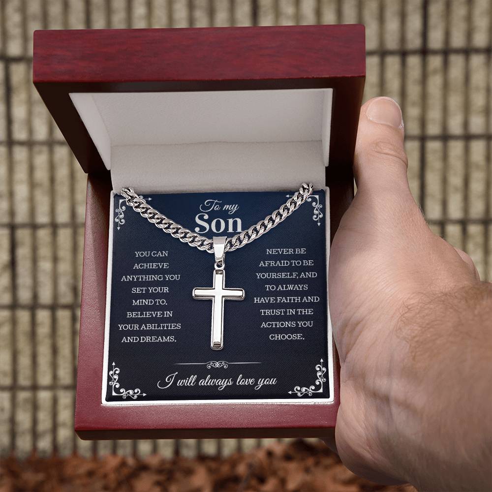 Gift For Son | Cuban Chain with Artisan Cross Necklace Perfect From Mom Dad | Personalized Gift For Son | Birthday Christmas Graduation Gift For Son