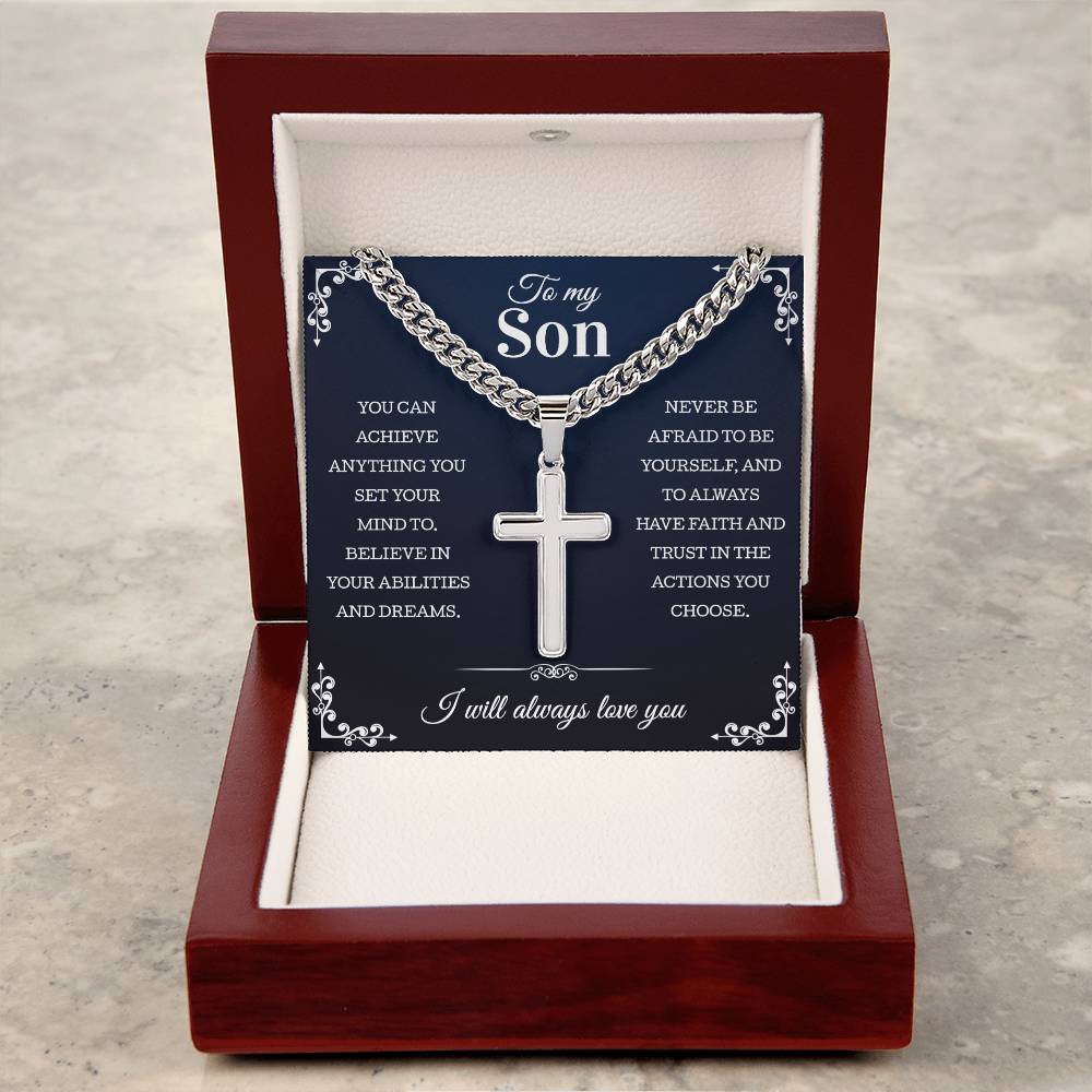 Gift For Son | Cuban Chain with Artisan Cross Necklace Perfect From Mom Dad | Personalized Gift For Son | Birthday Christmas Graduation Gift For Son