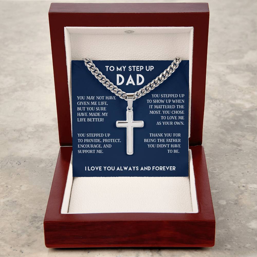 To my Step Dad Up Necklace Gift, Cuban Chain with Artisan Cross Necklace