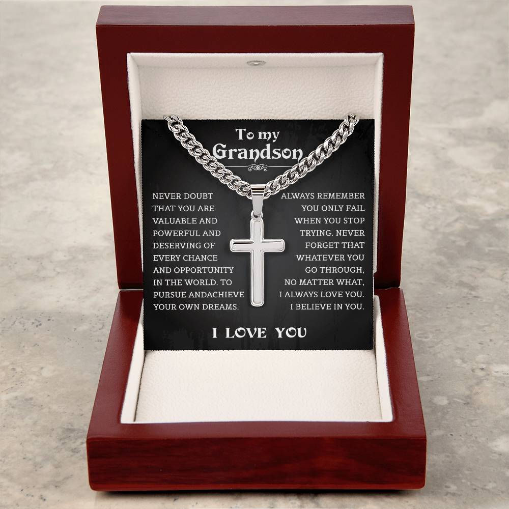 Grandson Cuban Chain With Artisan Cross Necklace, Heartfelt Jewelry Card, Meaningful Birthday Gift, Christmas Gift Grandson