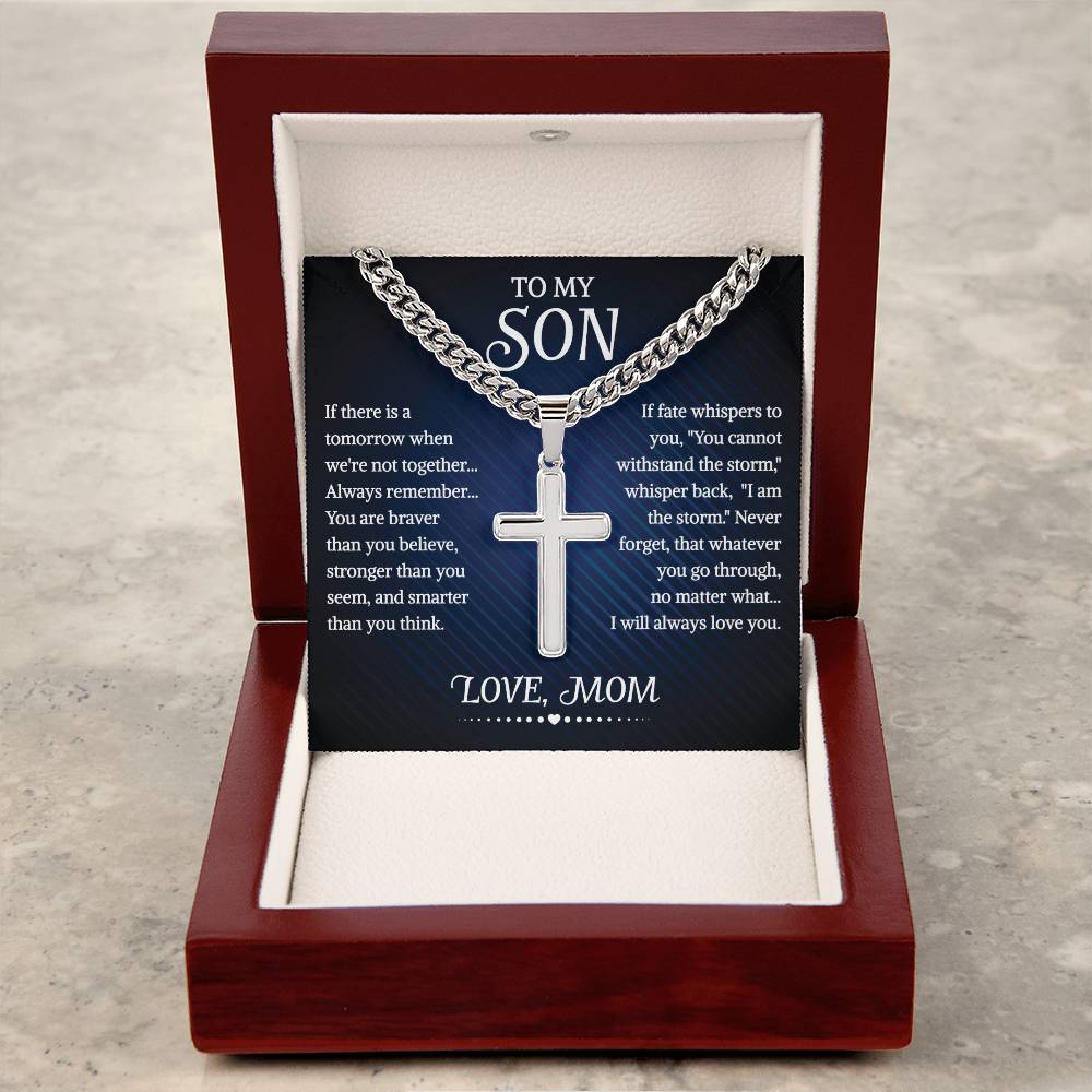 To My Son Cuban Chain With Artisan Cross Necklace From Mom, With Message Card And Gift Box, Necklaces For Birthday, Anniversary, Christmas Gift
