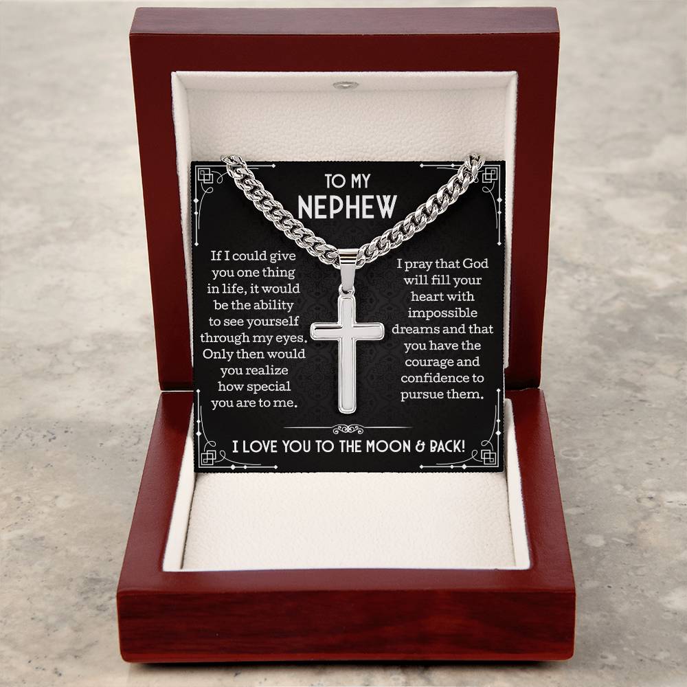 To My Nephew Cuban Chain with Artisan Cross Necklace • Nephew Gift for Men • Message Card Nephew Jewelry • Necklace for Nephew for Birthday Christmas