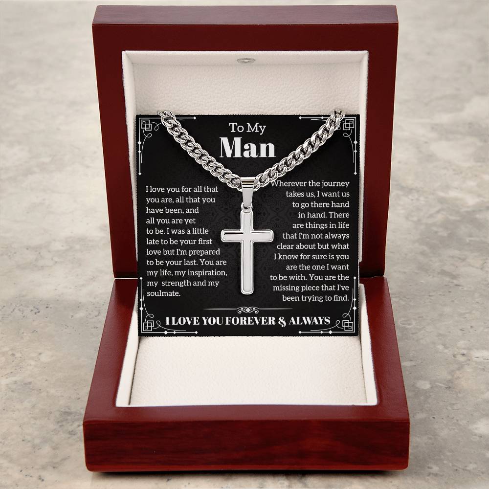 To My Man Cuban Chain with Artisan Cross Necklace, Gifts For Boyfriend From Girlfriend, Gifts For Husband From Wife, Valentine's Day Gift