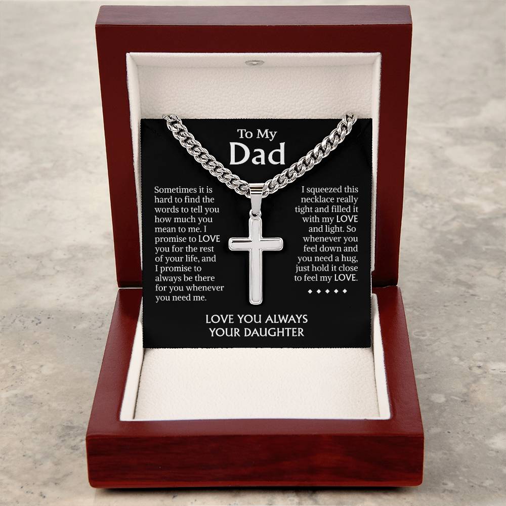 Dad Gifts From Daughter • Father's Day Gift Necklace • Gift Christmas Birthday For Dad Necklace • Cuban Chain With Artisan  Cross Necklace
